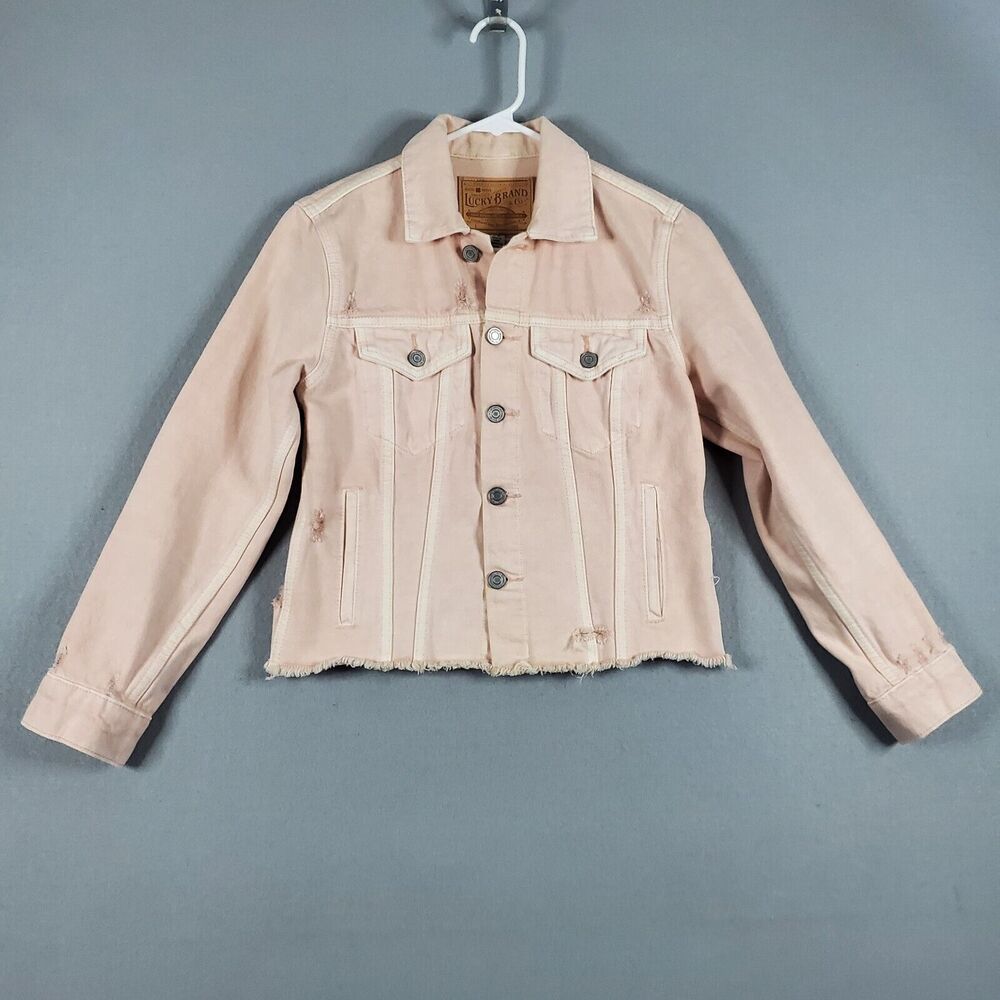 Lucky Brand Jacket Women Sz S Pink Trucker Denim Distress Tomboy Cropped Raw Hem
